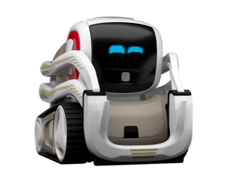 White and gray Cozmo 2.0 robot with a black screen face showing blue eyes, red accents, a front lift arm, and tank-style treads on a white background.