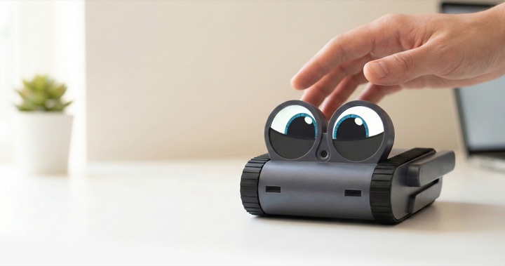 Gray tank-tracked Doly robot with two large round screen eyes sitting on a white desk as a hand reaches down to pet it.