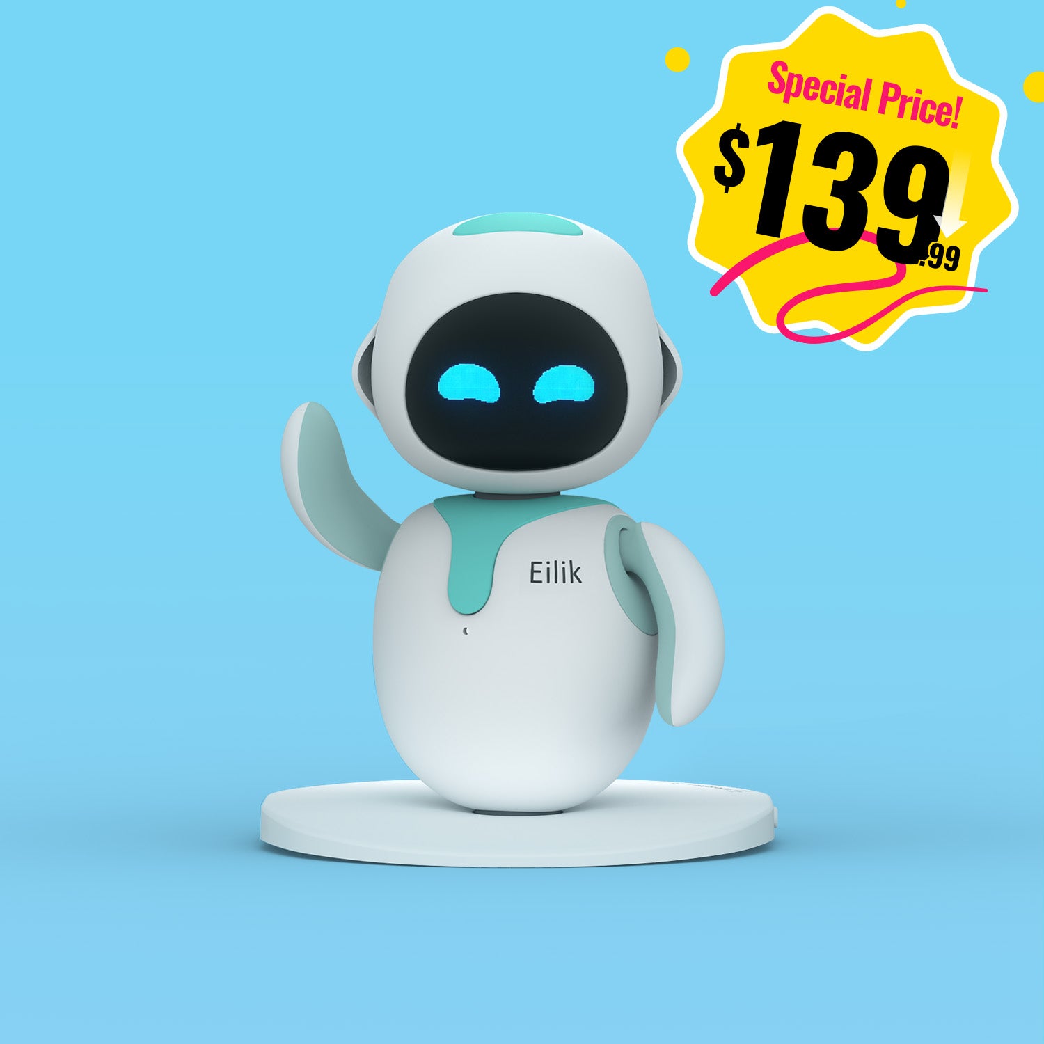 Official product shot of the blue Eilik, whole robot visible on a light background.