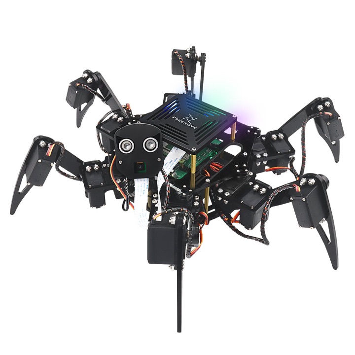 The black Freenove Big Hexapod robot kit with six jointed legs, a camera-and-ultrasonic sensor head, and an RGB-lit Raspberry Pi enclosure on a white background.