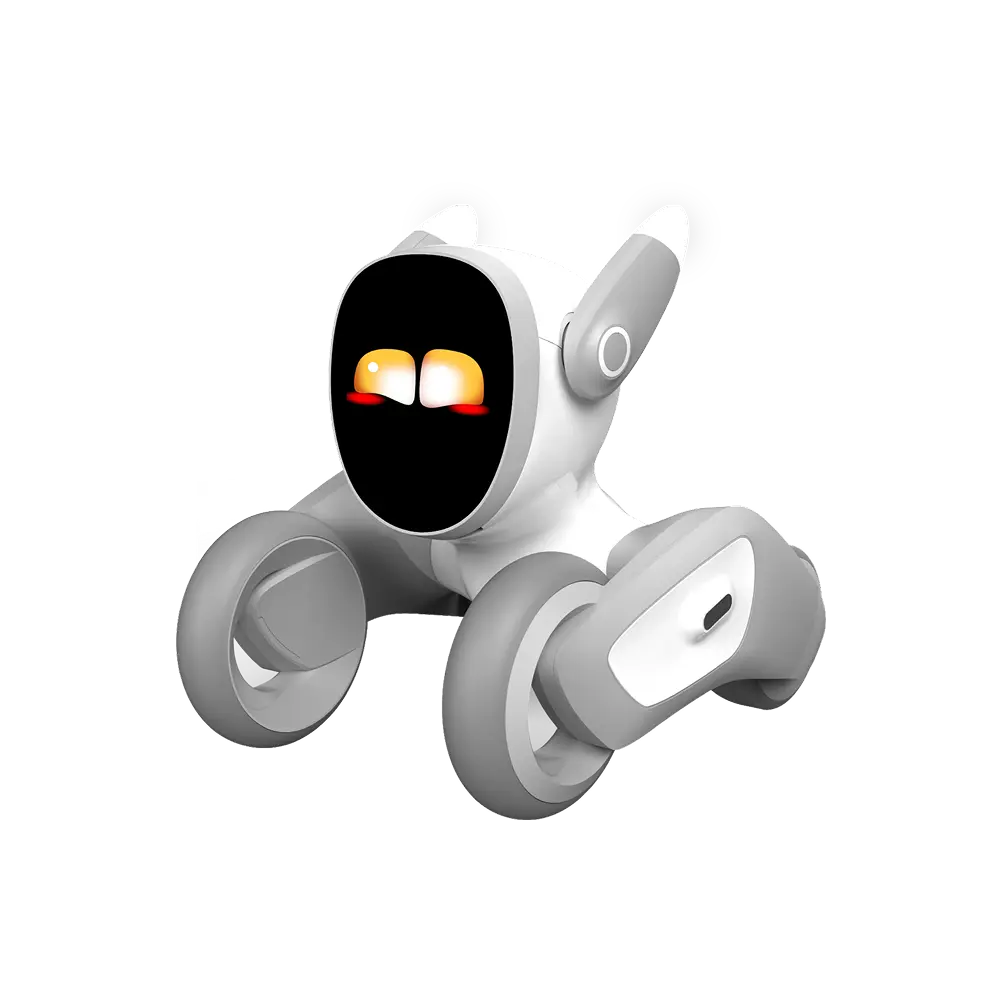 Clean three-quarter studio shot of Loona on a white/transparent background — whole robot visible, ears up, glowing eyes on the face screen.