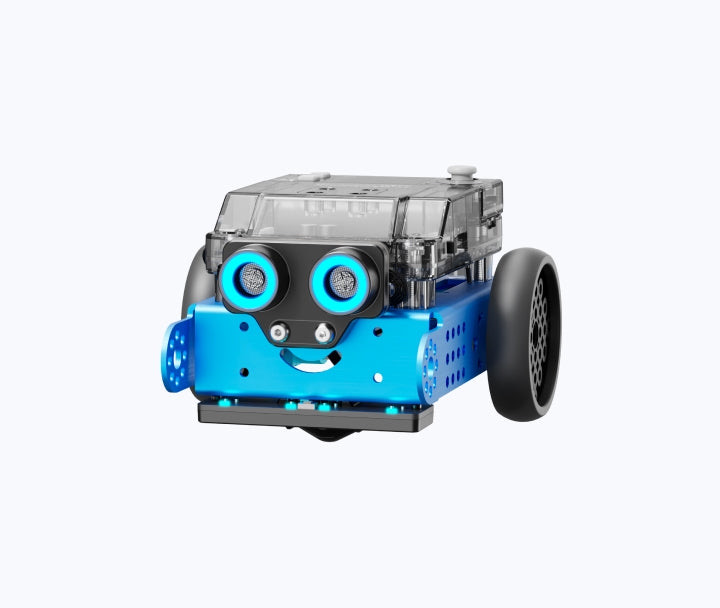 Blue mBot2 educational robot car with ultrasonic sensor eyes, a smiling face plate and one visible drive wheel on a white background.