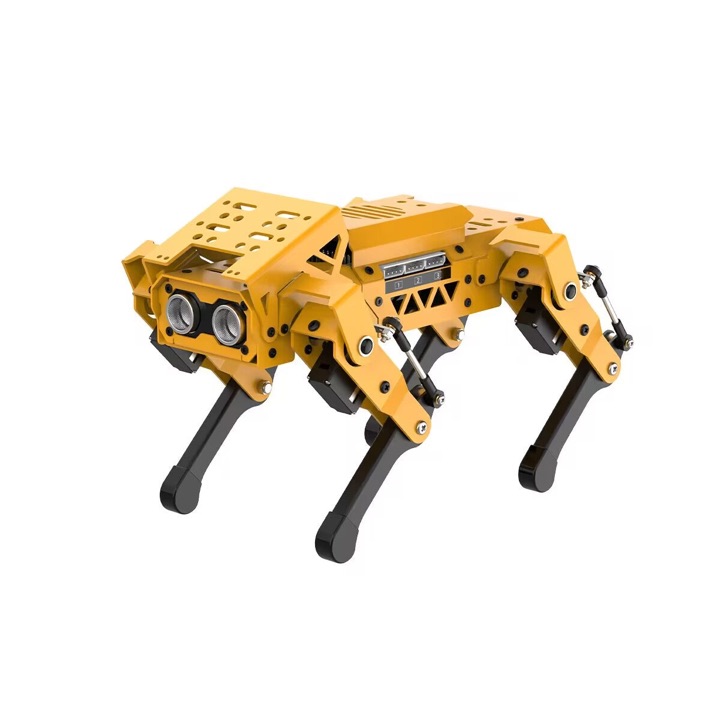Yellow-and-black Hiwonder MechDog robot dog with linkage legs and twin ultrasonic sensor eyes on a plain light background.