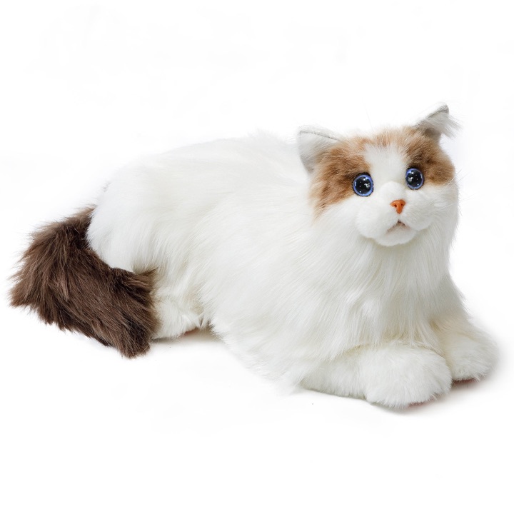 White ragdoll-style metaCat robotic cat with blue eyes and a fluffy brown tail lying down against a white background.