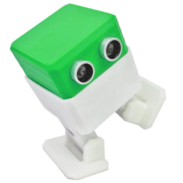 Otto DIY bipedal robot with a green 3D-printed head, two round ultrasonic-sensor eyes, and white body and legs, standing with one foot forward.