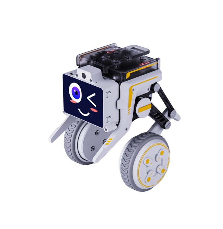White-and-yellow XGO Rider 2 two-wheeled self-balancing robot with articulated legs, its square screen face showing a winking eye and smile.